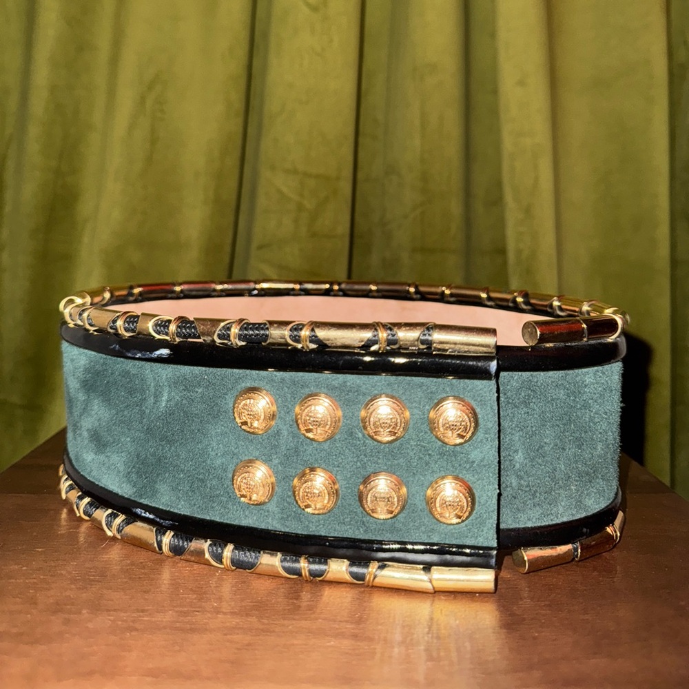 Wide Green Suede Belt with Gold Stud Accents